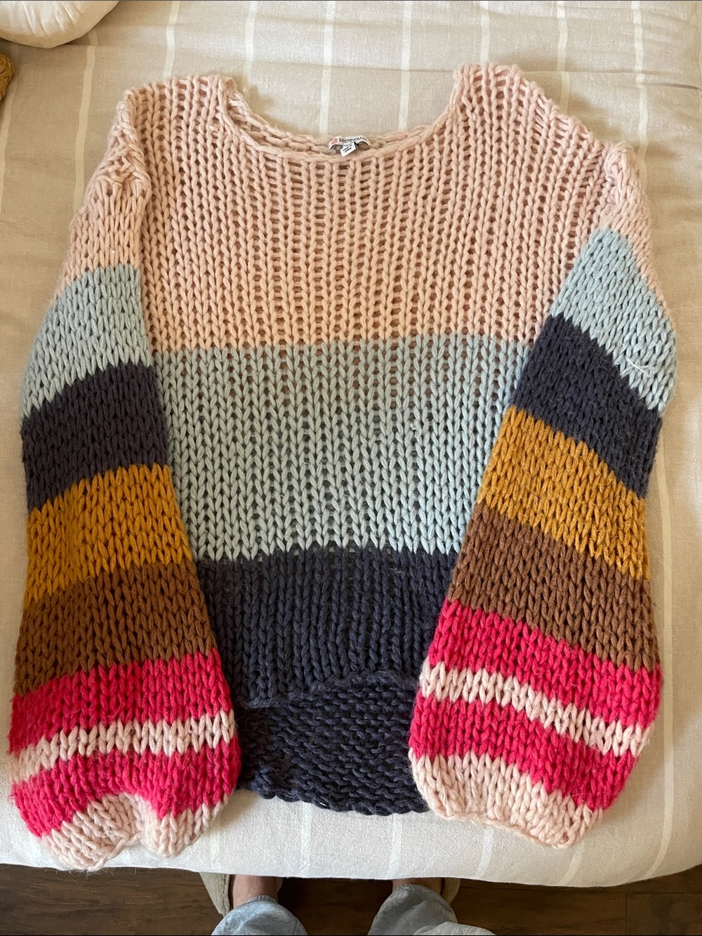 Chunky Colorblock Crewneck Sweater in Blush Pink and Multi